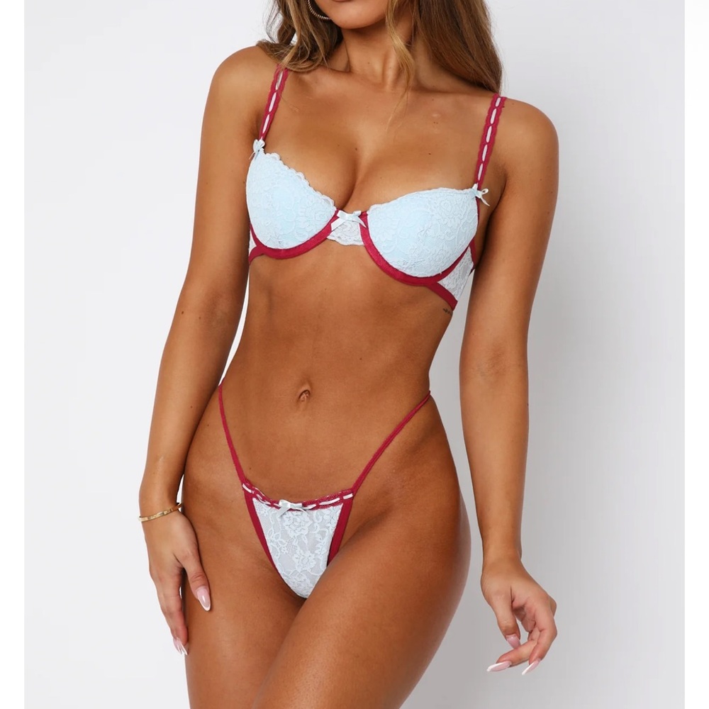 White Fox Boutique Light Blue and Red Lace Bra and Thong Set